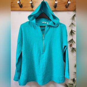 Soft Surroundings Gauze Kemia Hooded  Tunic Teal Turquoise Size L